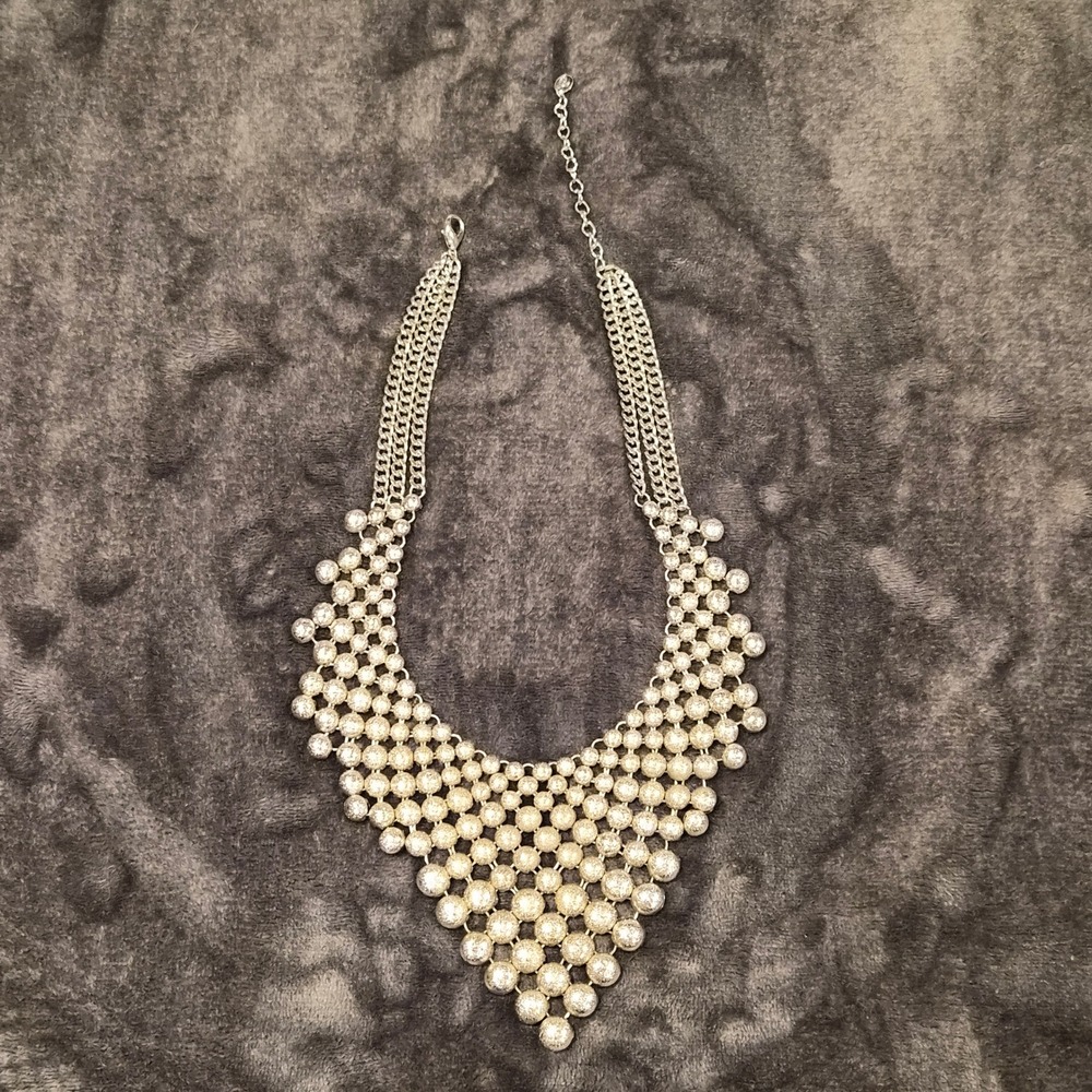 Silver Tone Textured Bead Bib Statement Necklace Triple Chain Mesh Adjustable